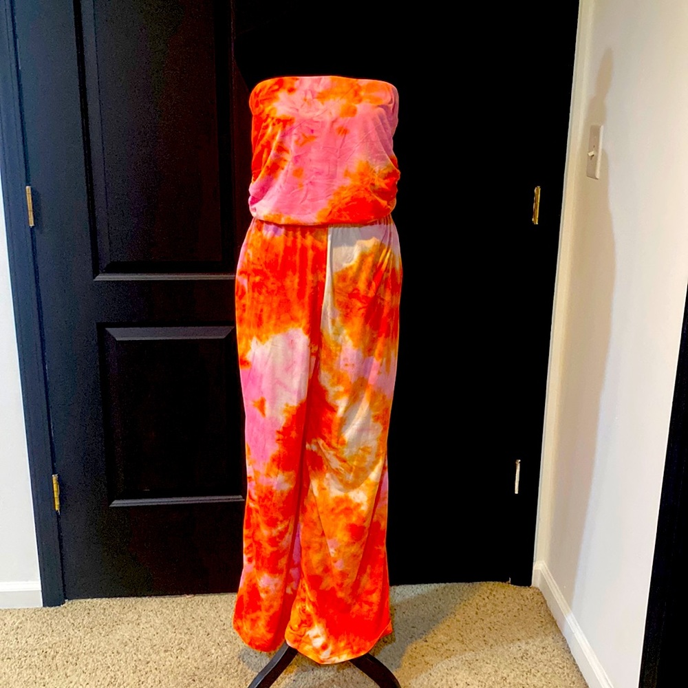 Blouson style full length romper size large. Orange Tie Dye